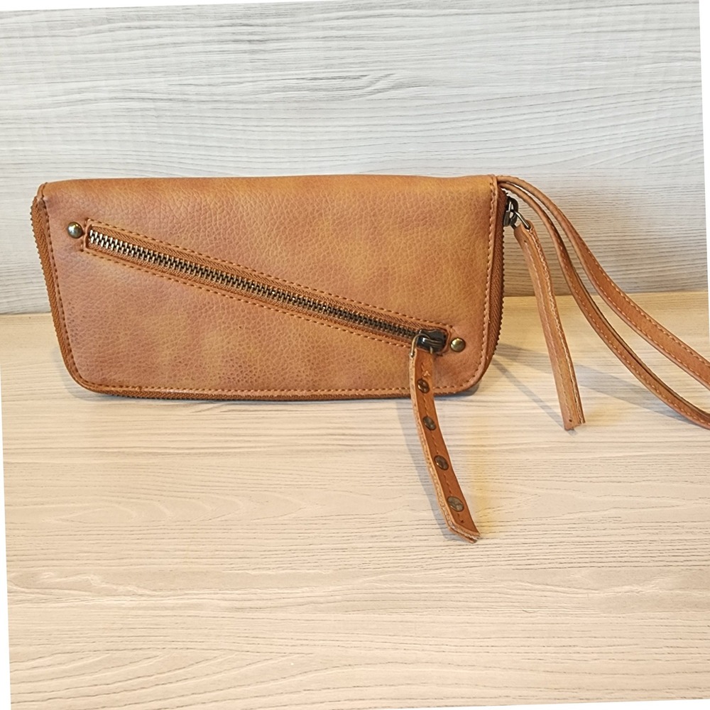 Free People Vegan Leather Zip Around Wristlet Wallet Tan Brown Studded Diagonal